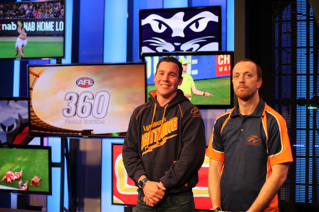 Lyndhurst coaches Paddy Cooke and *** on the set of AFL 360.