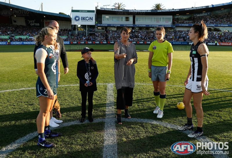 Former SFNL umpire Annie Mirabile officiated the very first AFLW match in front of a full house at Ikon Park on Friday night. PICTURE: Michael Wilson, AFL Media