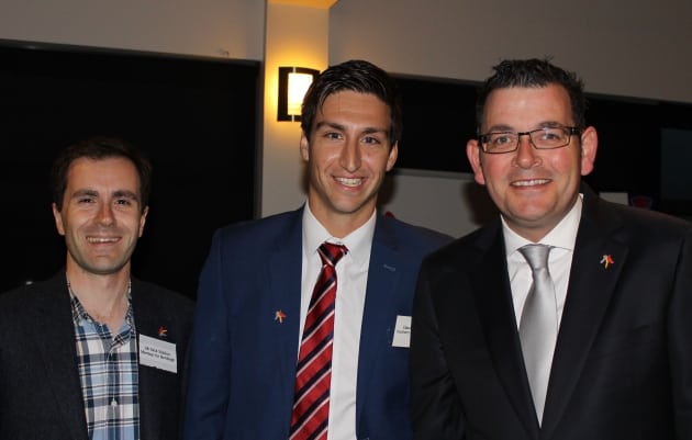 David Cannizzo (centre) with MP Nick Staikos and Victorian Premier Daniel Andrews.
